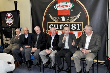 Hormel Cure 81 ham Curemasters, from left, Al Fleiner, Les Colling, Art Goembel, Larry Huston, Rich Chuick and Brian Hendrickson, reminisce during a question and answer session Wednesday at a banquet honoring the brand and its leaders. Hormel is celebrating the Cure 81 brand’s 50th anniversary. Adam Harringa/adam.harringa@austindailyherald.com