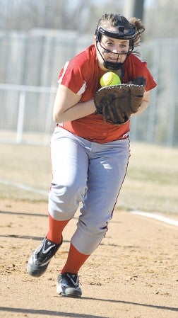 Austin first baseman Kallie Hart pulls in a short popfly in the first inning against Simley Friday during the Elks Invitational at Todd Park. Eric Johnson/photodesk@austindailyherald.com