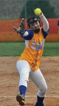 Hayfield's Jocelyn Sanvick throws during the Vikings' win over Waterville-Elysian-Morristown in Hayfield Monday. -- Rocky Hulne/sports@austindailyherald.com