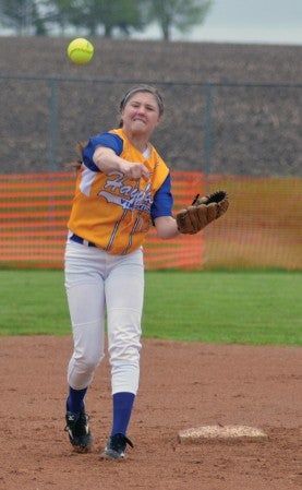 Hayfield's Bhrett Zahnle makes a throw from second base in Hayfield Tuesday. -- Rocky Hulne/sports@austindailyherald.com