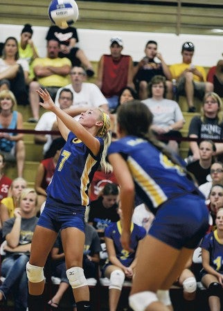 Hayfield's Jessie Foster looks to hit the ball over during game two of their match Thursday night in Packer Gym.