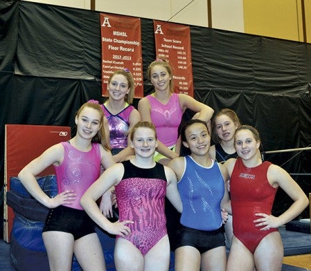 The Packer gymnastics team will be competing at the Class 'A' state meet this Friday. Back row (left to right): Abby Bickler, Carolyn Hackel and Sydney Marsh; front row: Paige Raymond, Maddie Mullenbach, Jen Boyle and Sela Fadness. Not pictured: Rachel Quandt, Logan Tischer, Kassie Fate and Isabel Leuer. -- Rocky Hulne/sports@austindailyherald.com