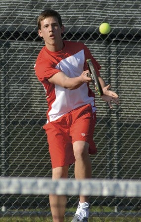 Austin's Seth Hebrink plays in the No. 3 singles match against Blue Earth at Paulson Courts Monday. -- Rocky Hulne/sports@austindailyherald.com