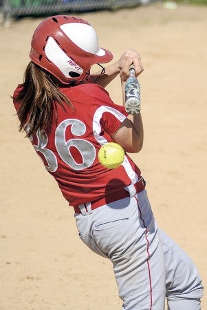 Austin's Vanessa Halverson is hit by a pitch against Winona in the Section 1AAA playoffs Friday at Todd Park. Eric Johnson/photodesk@austindailyherald.com