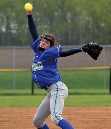 Lyle-Pacelli pitcher Bethany Strouf goes through her wind-up against Southland in the Section 1A West tournament in Hayfield Monday. -- Rocky Hulne/sports@austindailyherald.com