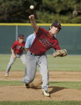 Austin VFW No. 1216 pitcher Trevor Stevens pitches in the third inning against Faribault Wednesday night at Riverland Community College. Eric Johnson/photodesk@austindailyherald.com