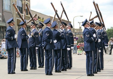 The United States Air Force Honor Guard Drill Team performs on Austin’s Main Street Tuesday afternoon. 