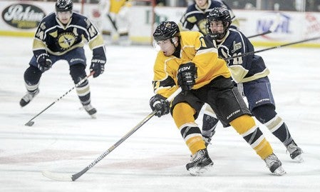 Austin’s Luke Dietsch carries the puck into the Janesville zone this year. Herald file photos