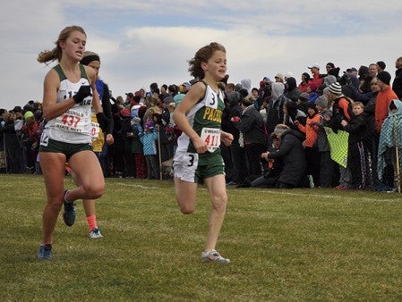 Pacelli's Kayla Christopherson runs down the stretch at the Class A state cross country meet in Northfield Saturday. -- Rocky Hulne/sports@austindailyherald.com