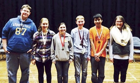 The spelling bee finalists for eighth grade are: first place, Eleanor Hinchcliffe; second place, Rigo Sandoval; third place, Charles Kanne; fourth place, Hannah Mead; fifth place, Sarah Bachmeier, Alternate: Aidan DeVries. Photo provided *Pictured in no particular order