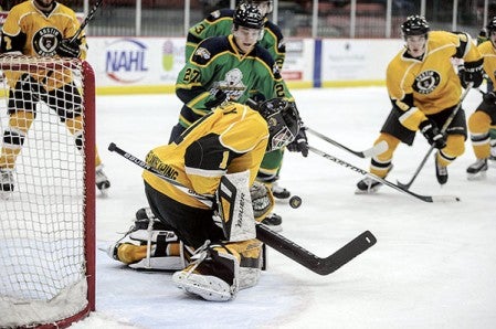 Austin goalie Jake Kielly makes a first-period stop against Brookings earlier this season. Herald File Photo