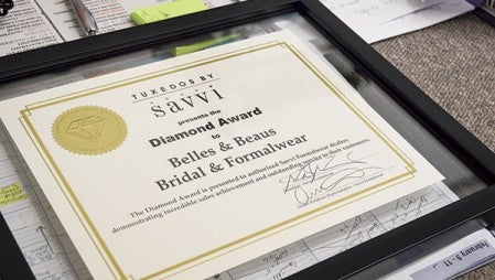 Local store Belles & Beaus of Austin won the Diamond Award from Savvi Formalwear for its good customer service and specific target area. 