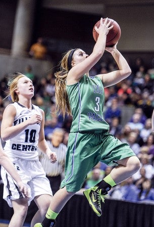 Lyle-Pacelli's Courtney Walter puts up a running-jumper during the second half of the Section 1A championship against Fillmore Central Friday night at the Mayo Civic Center in Rochester. Eric Johnson/photodesk@austindailyherald.com