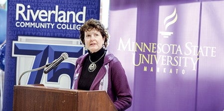 Dr. Mary Davenport announces a memorandum of understanding between Riverland Community College and Minnesota State University-Mankato Friday at Riverland Community College. Eric Johnson/photodesk@austindailyherald.com