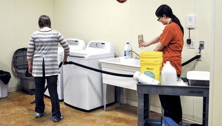 Some of the girls from the Gerard Academy in Austin help out at the Mower County Humane Society last week. The girls come out once every week to help out at the animal shelter. Jenae Hackensmith/jenae.hackensmith@austindailyherald.com