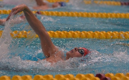 Austin's Sawyer Myers swims in the backstroke portion of the 200-yard medley relay in the Class A state swimming and diving meet in the University of Minnesota Aquatic Center in Minneapolis Saturday. Rocky Hulne/sports@austindailyherald.com