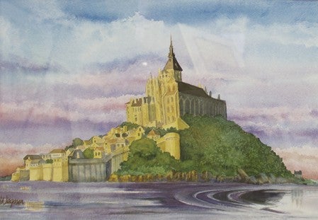 One of James Wegner’s newest watercolors, “Mont St. Michiel,” was inspired by a scene in France.