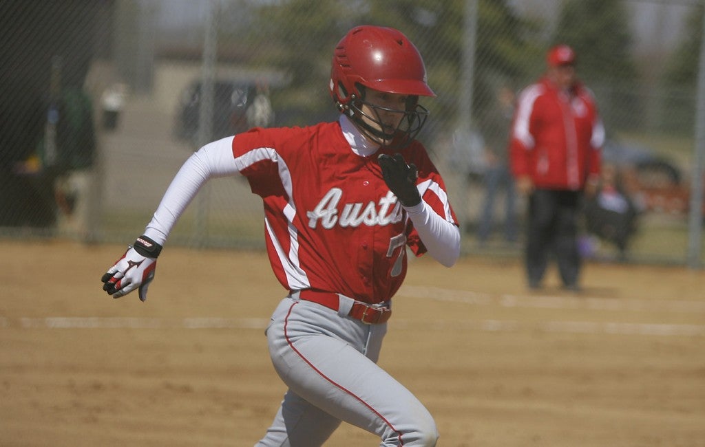 Austin's Bailee Brooks runs down the first base line in Red Wing Saturday. Joe Brown/Red Wing Republican Eagle