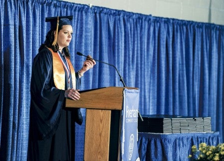 Heather Fast, of Mankato, gives her speech during Riverland Community College commencement Friday afternoon at Riverland. Eric Johnson/photodesk@austindailyherald.com