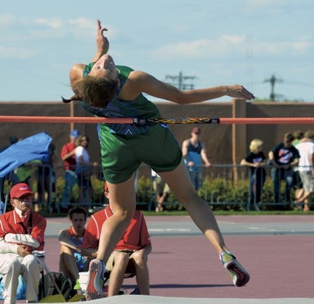 Lyle-Pacelli's Sarah Holtz competes in the high jump at the Minnesota Class A state track and field meet in Hamline University in St. Paul Friday. Rocky Hulne/sports@austindailyherald.com