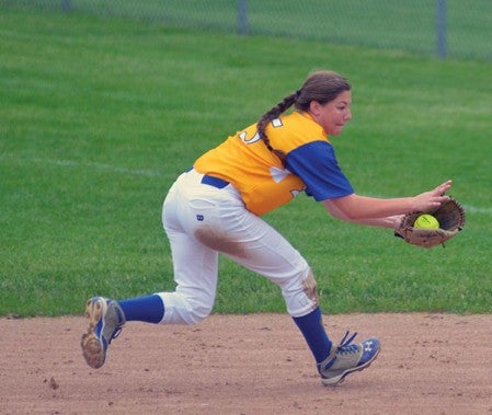 Hayfield second baseman Bhrett Zahnle makes a running grab against New Life Academy in the Minnesota softball Class A state quarterfinals in North Mankato Thursday. Rocky Hulne/sports@austindailyherald.com