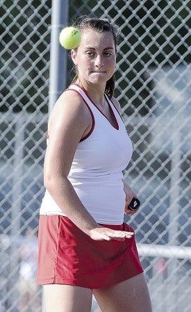 Austin No. 1 singles Jennifer Bogle concentrates on a return during her match against Mankato West Thursday afternoon at Paulson Courts. Eric Johnson/photodesk@austindailyherald.com