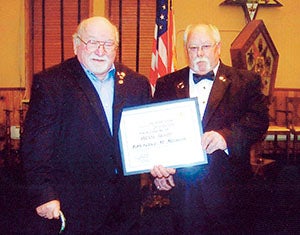 Master Brad Stout (right) presented Lawrence "Larry" Martin Hanson the Hiram Award. Photo provided.