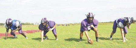 From left: Cody Ojulu, Michael Oehlke, Trevor Sloan and Connor King have stepped up on the offensive line for the top ranked Superlarks this season. Rocky Hulne/sports@austindailyherald.com 