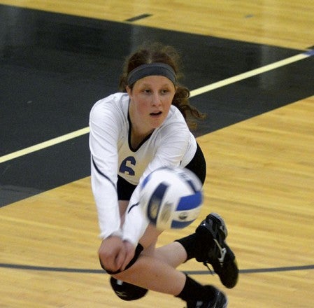 Emma Mergen makes a dig for the Riverland Community College volleyball team in Riverland Gym Wednesday. Rocky Hulne/sports@austindailyherald.com