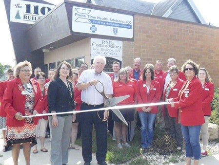 Michael Salscheider has taken over Mike Ruzek’s business, Prime Time Health Advisors Llc., and is offering Medicare supplements, health insurance, annuities and life insurance. Ambassadors welcomed Salscheider, center, and fellow agent Bridget Dahle to the Chamber in front of their office at 110 First Ave. SE.