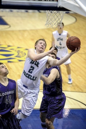 Lyle-Pacelli’s Braden Kocer gets an early look in the first half against Goodhue in their Section 1A West semifinal matchup Monday at Mayo Civic Center in Rochester. Eric Johnson/photdoesk@austindailyherald.com