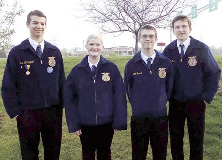 Evan Meiergerd, from left, Morgan Wills, Tim Farrell and Josh Irvin competed in Farm Business Management at the 87th Minnesota State FFA Convention on April 24-26 at the University of Minnesota in the Twin Cities.  Photos provided