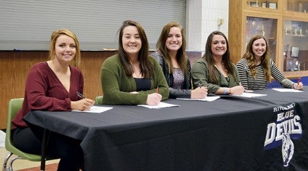 The Riverland Community College volleyball team had players sign their letters-of-intent to play for the Blue Devils next year. Left to right: Allison Sharpe of Cold Spring, Summer Maloney of Austin, Shayla Berkner of Kenyon-Wanamingo, Marissa Hart of Austin and Hope Landsman of Albert Lea. Rocky Hulne/sports@austindailyherald.com