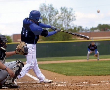 Riverland’s Ian Lopez connects on a pitch against Minnesota West in Seltz Field Saturday. Rocky Hulne/sports@austindailyherlad.com