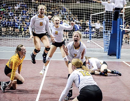 The Hayfield Vikings celebrate after the final point in game four to claim the Section 1A West Division title over Faribault Bethlehem Academy at the Mayo Civic Center in Rochester this past November. Herald file photo