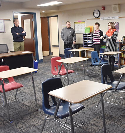 Austin Albert Lea Area Special Education Cooperative Heidi Venem, right, discusses a EBD classroom at the newly-opened cooperative building. From left, Albert Lea School Board chairman Ken Petersen, Austin School Board member Don Leathers, Tami Alphs, Albert Lea Special Education Director, and Venem.