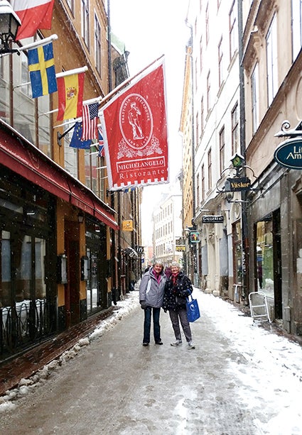 Riverland math instructor Carol Busch and Caroline Neale of Albert Lea, explore Old Town, Stockholm. Photo provided