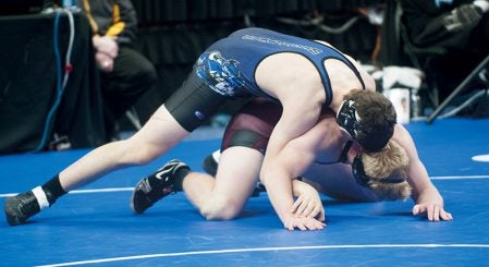 Westfield’s Mitchell Oswald wrestles at 220 Saturday at the Minnesota State Wrestling Meet. Oswald took third overall. Jarrod Peterson/Austin Daily Herald