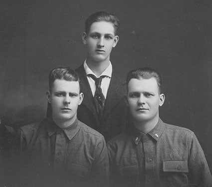 Three Damm brothers, George (left), Thomas (center) and Olaf. Olaf Damm was the first Mower County casualty of World War I. Photo courtesy of the Mower County Historical Society